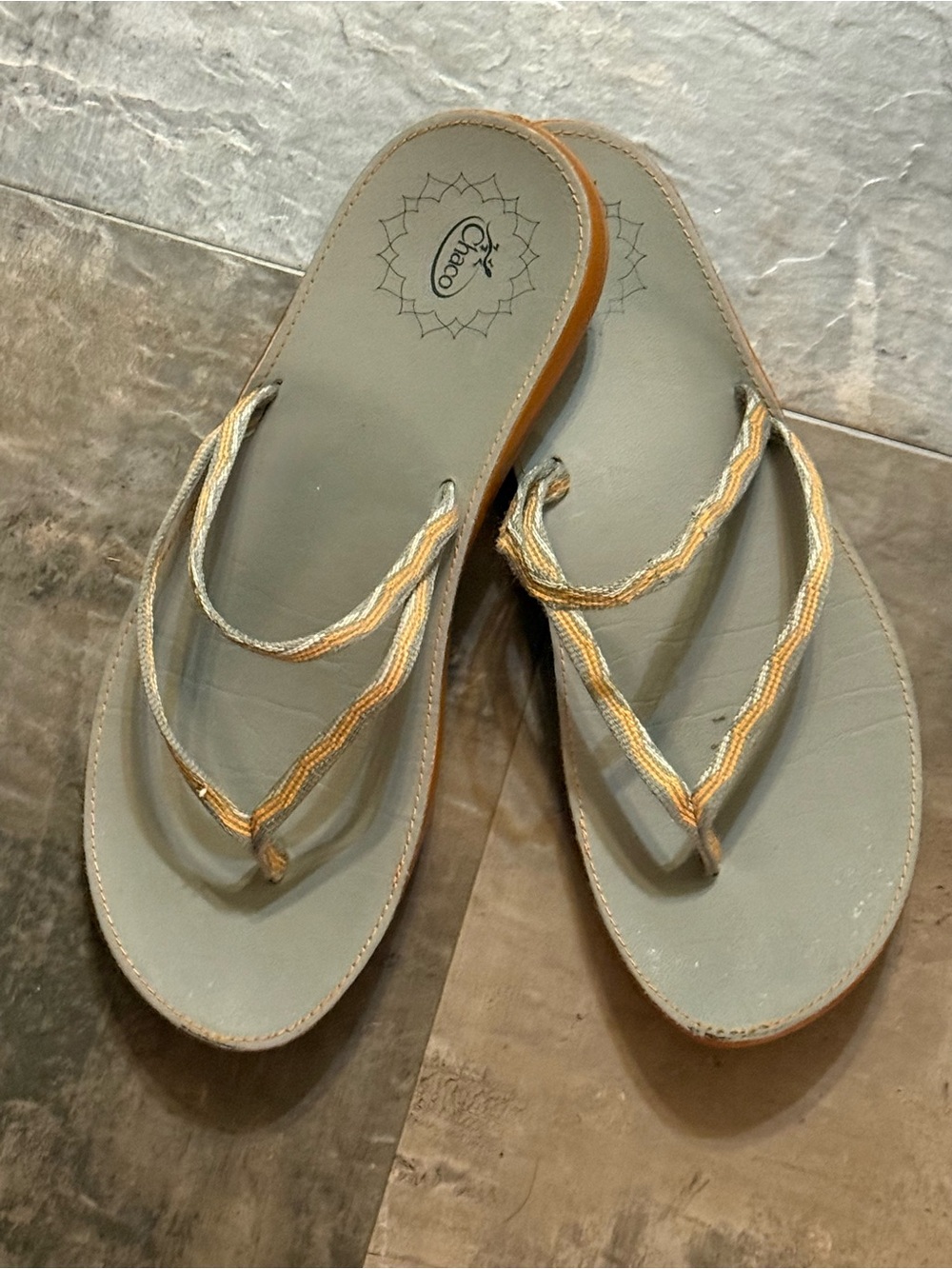 Chaco Women’s Thin Strap Sandals in Light Gray with Tan Accents